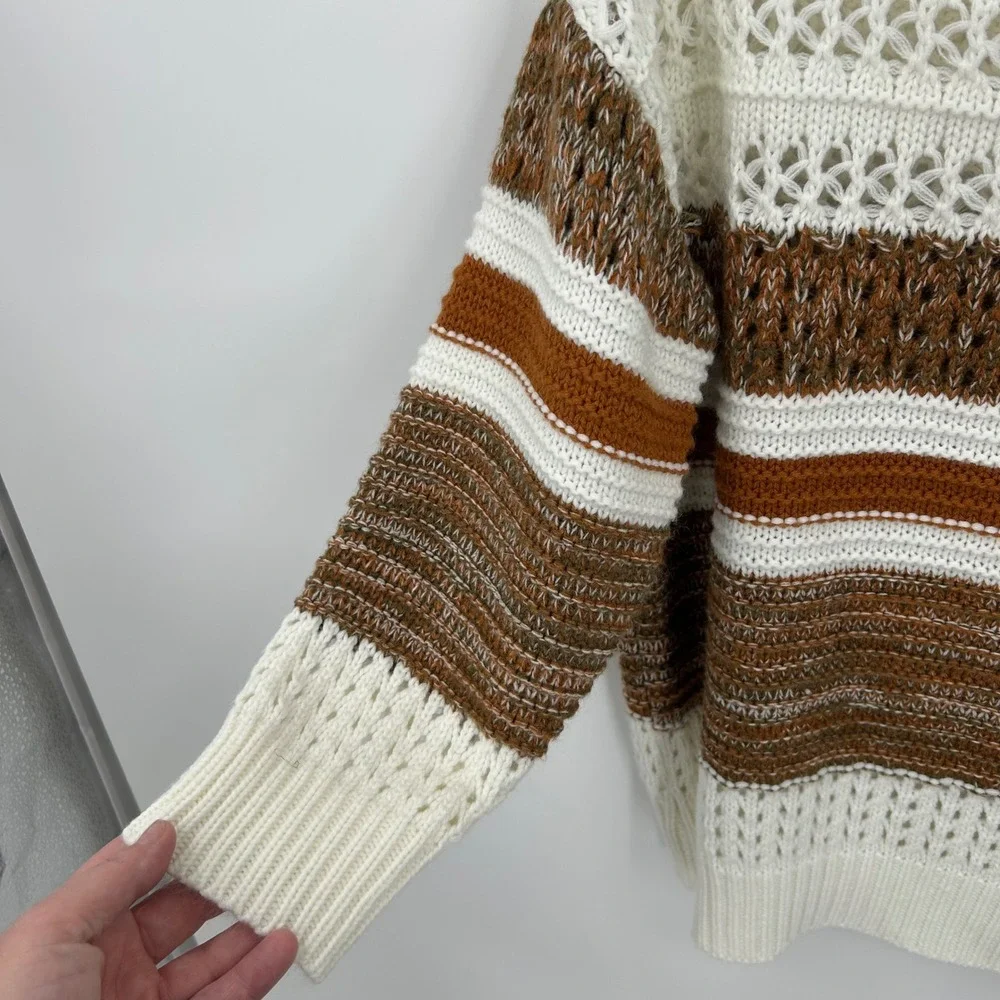 Womens Striped Open‎ Knit Sweater Boho Rust Brown White Size S Small 0502